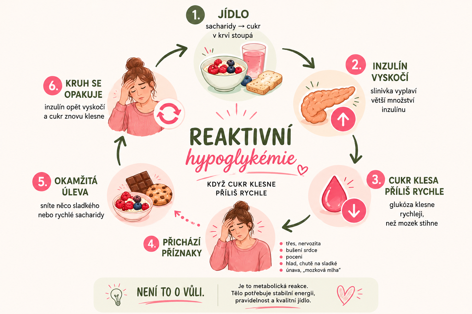 Infografika o reaktivní hypoglykemii: žena, kolísání cukru, inzulín
